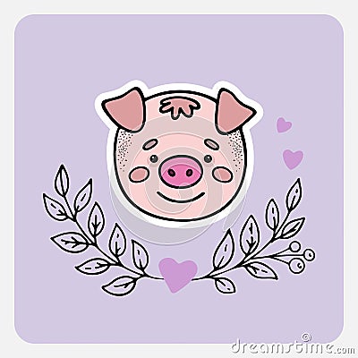 Pig. Cute funny hand drawn animal with hearts, leaves and branches. Vector Illustration